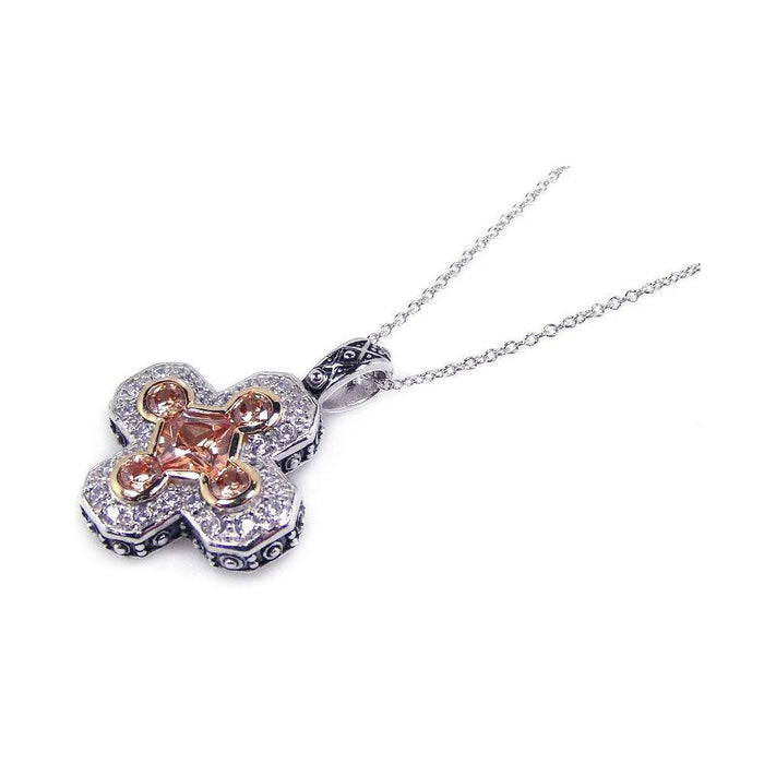 Silver 925 Clear and Champagne CZ Rhodium Plated Cross Pendant Necklace - BGP00121 | Silver Palace Inc.
