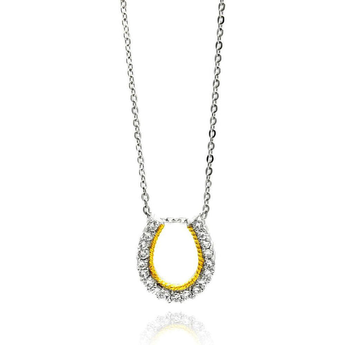 Silver 925 Clear CZ Gold Plated Horse Shoe Pendant Necklace - BGP00146 | Silver Palace Inc.