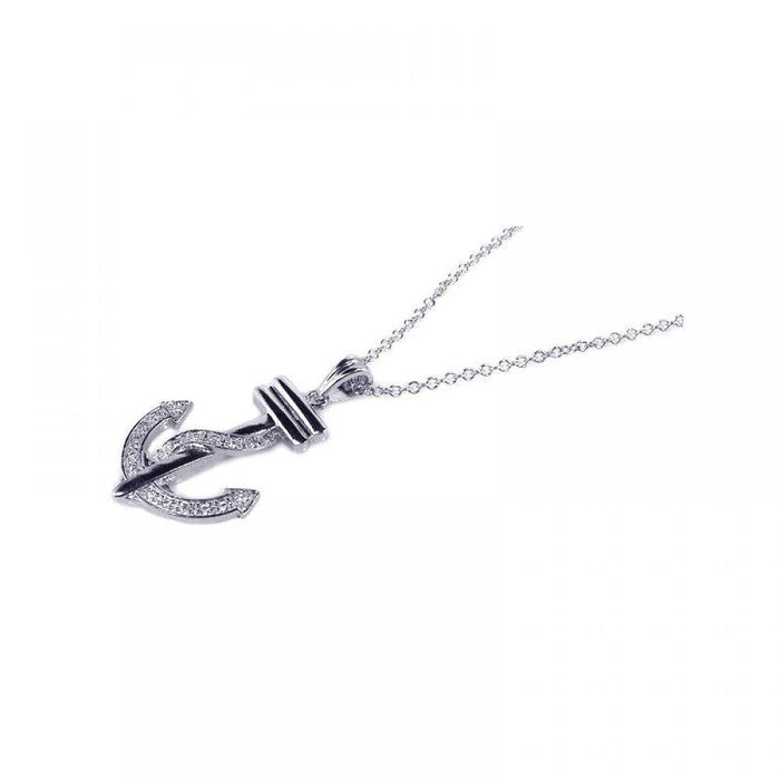 Silver 925 Clear CZ Rhodium Plated Anchor Pendant Necklace - BGP00110 | Silver Palace Inc.