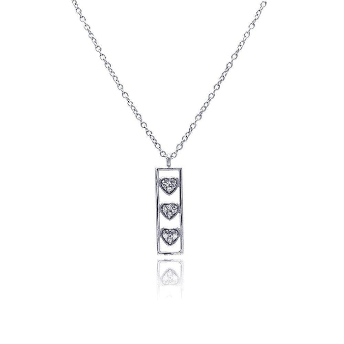 Silver 925 Clear CZ Rhodium Plated Bar Trio Hearts Pendant Necklace - STP00411 | Silver Palace Inc.