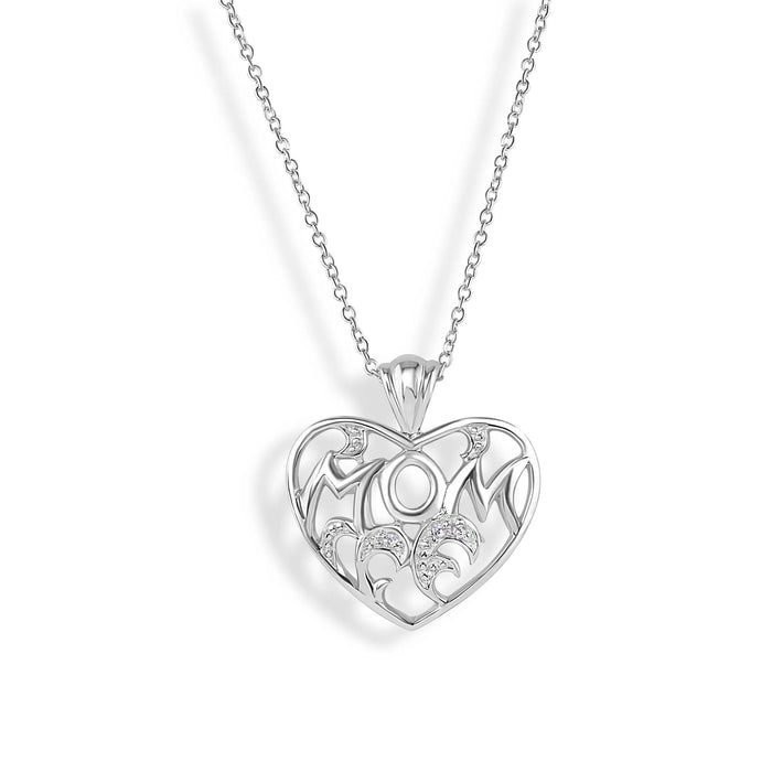 Silver 925 Clear CZ Rhodium Plated Mom Heart Pendant Necklace - STP00226