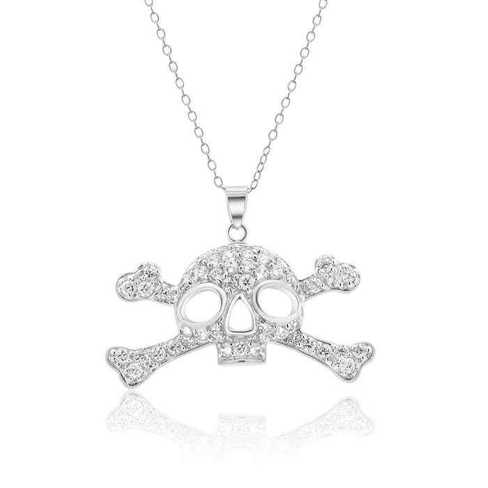 Silver 925 Clear CZ Rhodium Plated Skull Pendant Necklace - STP00395
