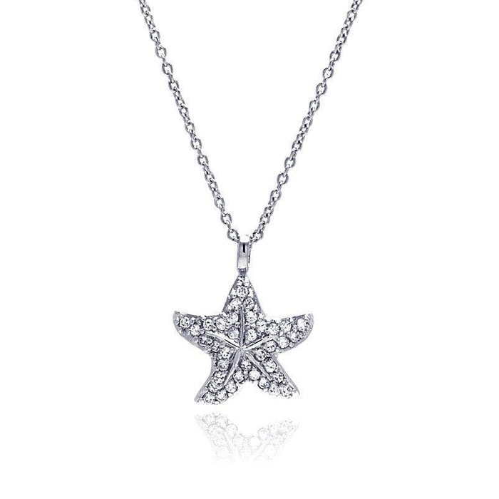 Silver 925 Clear CZ Rhodium Plated Starfish Pendant Necklace - STP00179 | Silver Palace Inc.