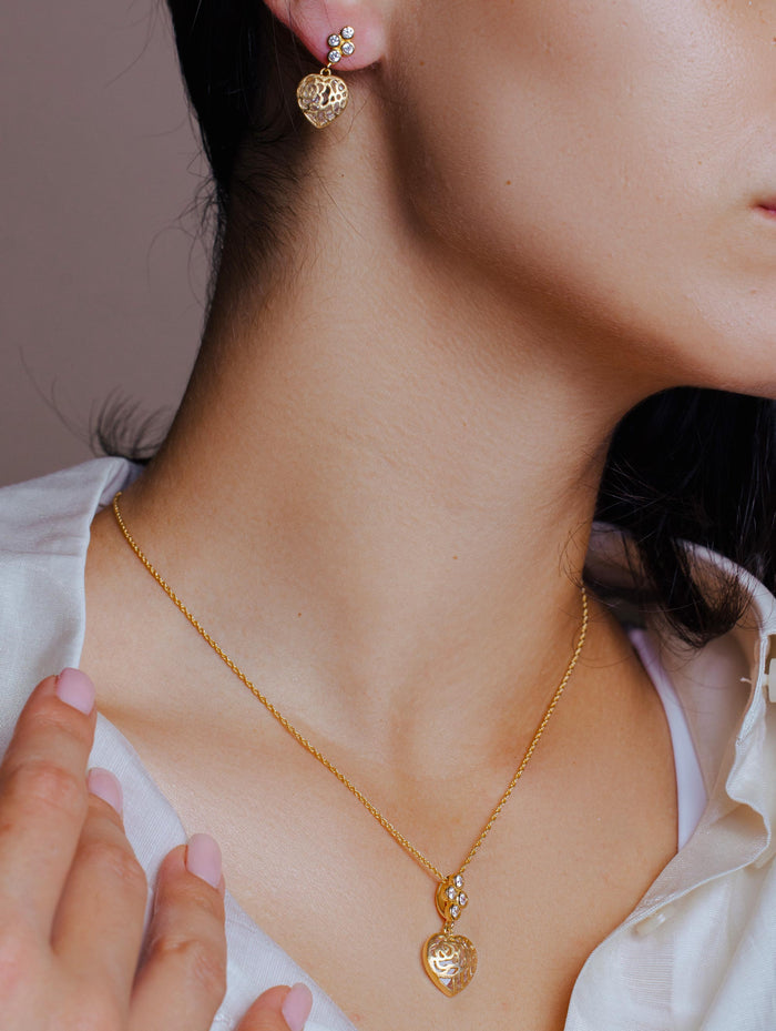Silver 925 Gold Plated Heart Filigree CZ Dangling Stud Earring and Necklace Set - STS00383 | Silver Palace Inc.