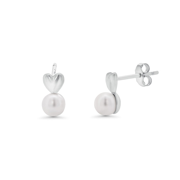 Silver 925 Heart Rhodium Plated Synthetic Pearl Stud Earrings - STE00755