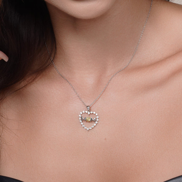 Silver 925 Rhodium and Gold Plated CZ Heart Mom Pendant Necklace - STP00504