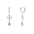 Silver 925 Rhodium Plated Blue Teardrop CZ Fleur De Lis Dangling Huggie Hoop Earrings - STE00654