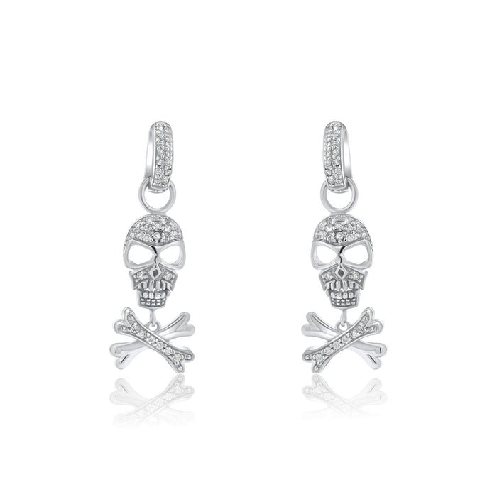 Silver 925 Rhodium Plated Bone and Skull CZ Dangling Huggie Hoop Earrings - STE00205