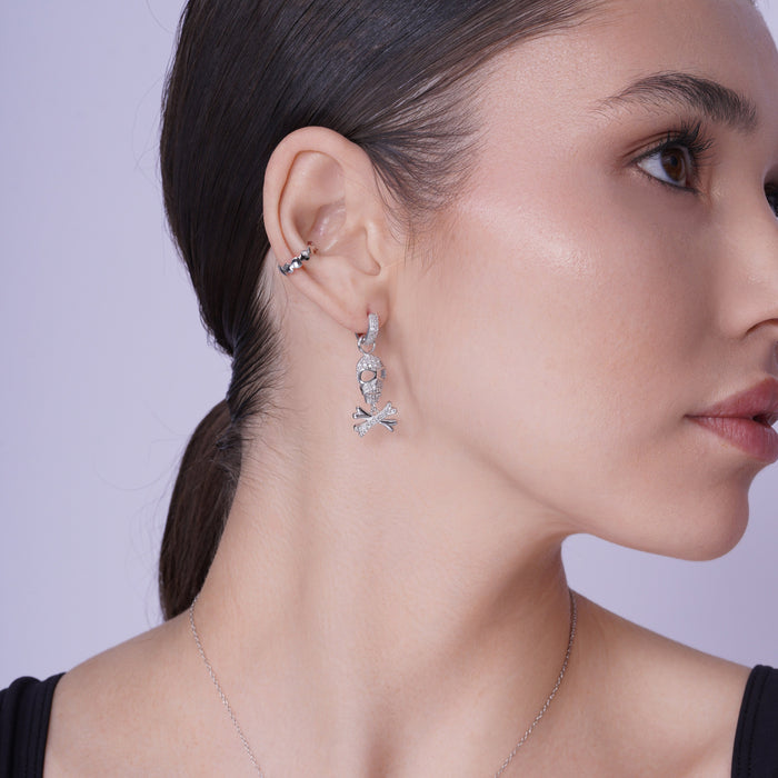 Silver 925 Rhodium Plated Bone and Skull CZ Dangling Huggie Hoop Earrings - STE00205