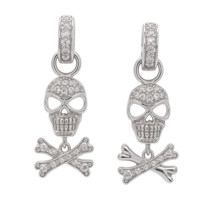 Silver 925 Rhodium Plated Bone and Skull CZ Dangling Huggie Hoop Earrings - STE00205
