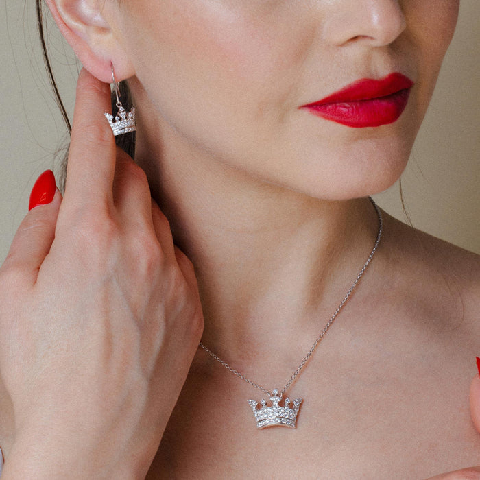 Silver 925 Rhodium Plated Clear Crown CZ Hook Earring and Necklace Set - BGS00016 | Silver Palace Inc.