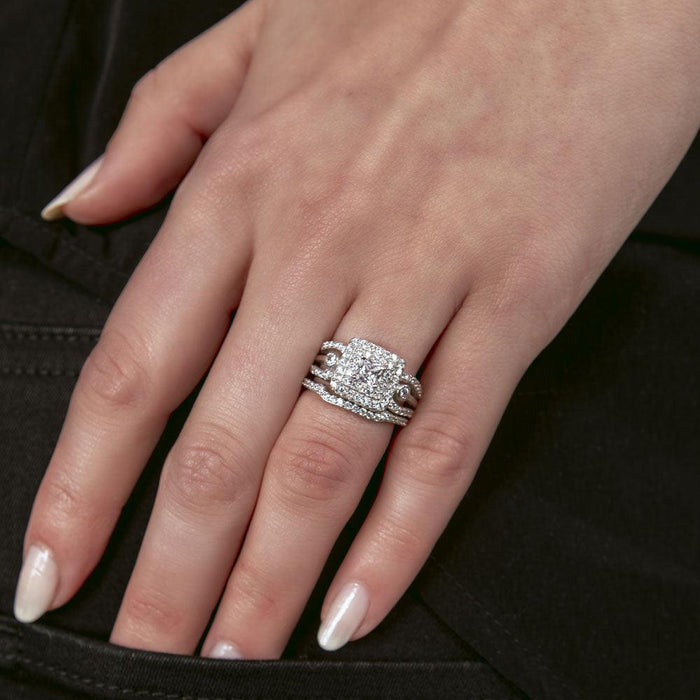 Silver 925 Rhodium Plated Clear CZ Bridal Multi Layer Square Ring Set - BGR00456