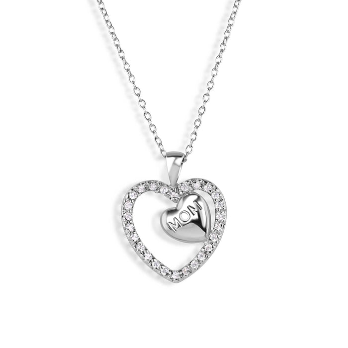Silver 925 Rhodium Plated Clear CZ Engraved Mom Heart Pendant Necklace - STP00632
