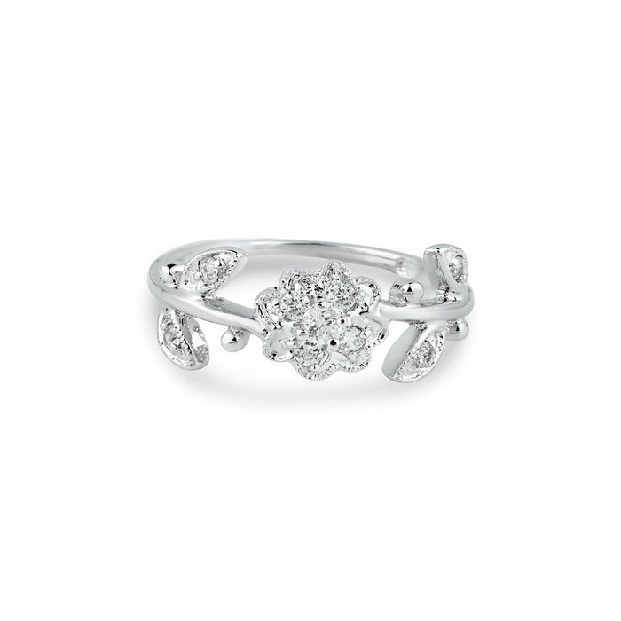 Silver 925 Rhodium Plated Clear CZ Flower Ring - BGR00047 | Silver Palace Inc.