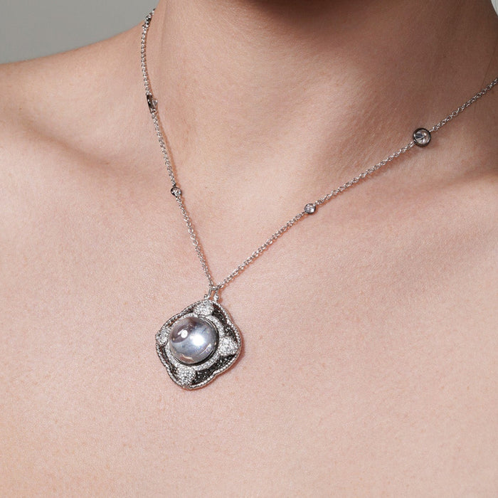 Silver 925 Rhodium Plated Clear CZ Pearl Pendant Necklace - STP01344