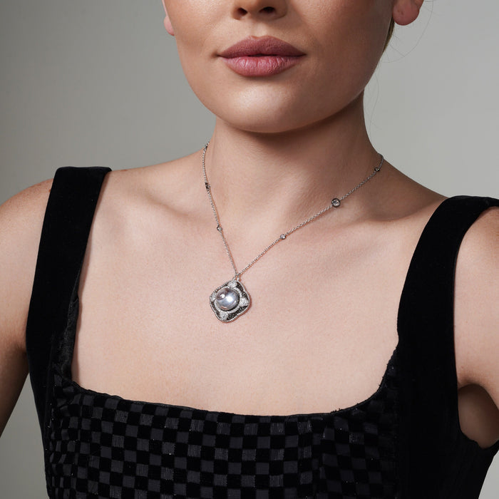 Silver 925 Rhodium Plated Clear CZ Pearl Pendant Necklace - STP01344