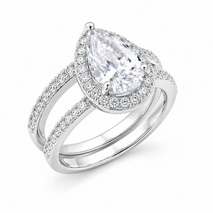 Silver 925 Rhodium Plated Clear Pear Shaped CZ Bridal Ring Set - BGR00530