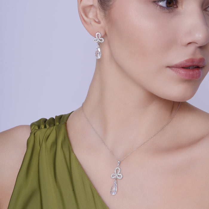 Silver 925 Rhodium Plated Clear Ribbon CZ Hanging Stud Earring and Necklace Set - BGS00211 | Silver Palace Inc.