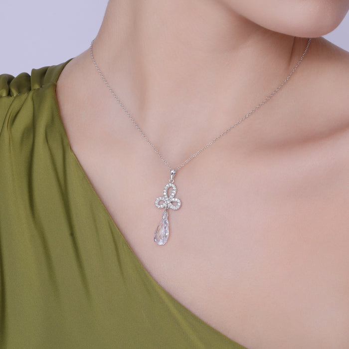 Silver 925 Rhodium Plated Clear Ribbon CZ Hanging Stud Earring and Necklace Set - BGS00211 | Silver Palace Inc.