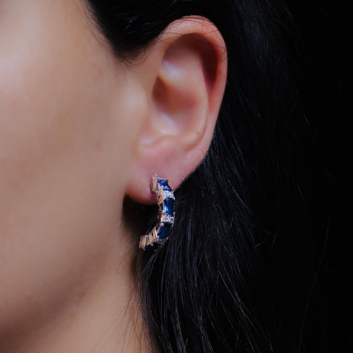 Silver 925 Rhodium Plated Crescent Blue Baguette CZ Huggie Hoop Earrings - STE00612
