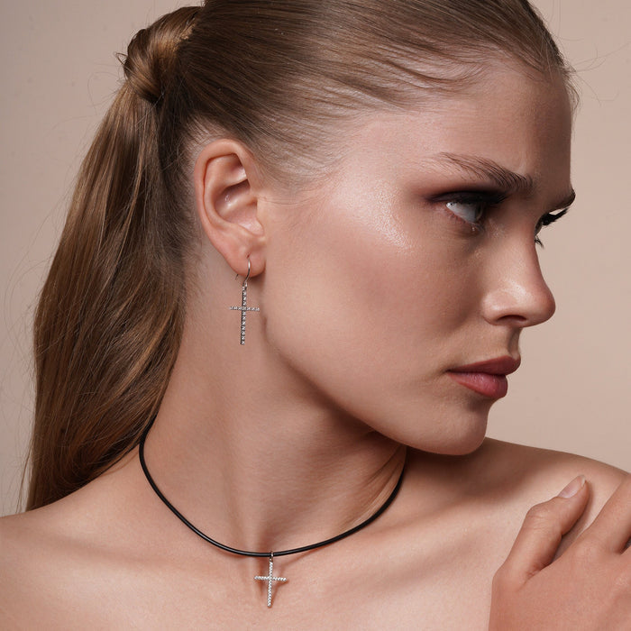 Silver 925 Rhodium Plated Cross CZ Dangling Hook Earrings - STE00107