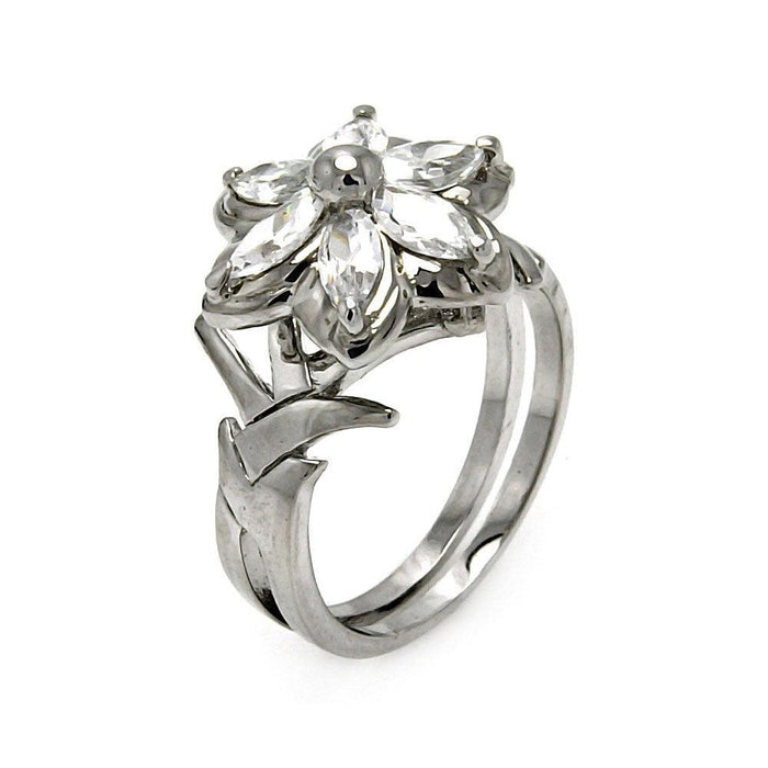Silver 925 Rhodium Plated CZ Flower Ring - STR00138 | Silver Palace Inc.