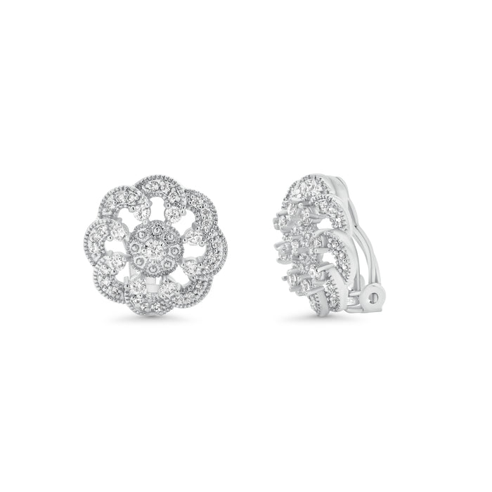 Silver 925 Rhodium Plated Flower Cluster CZ Stud Earrings - STE00933