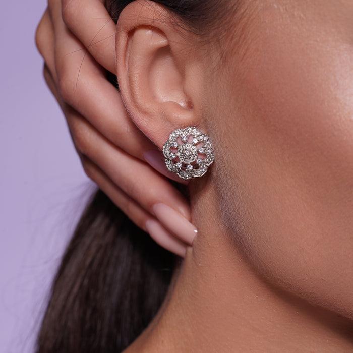 Silver 925 Rhodium Plated Flower Cluster CZ Stud Earrings - STE00933