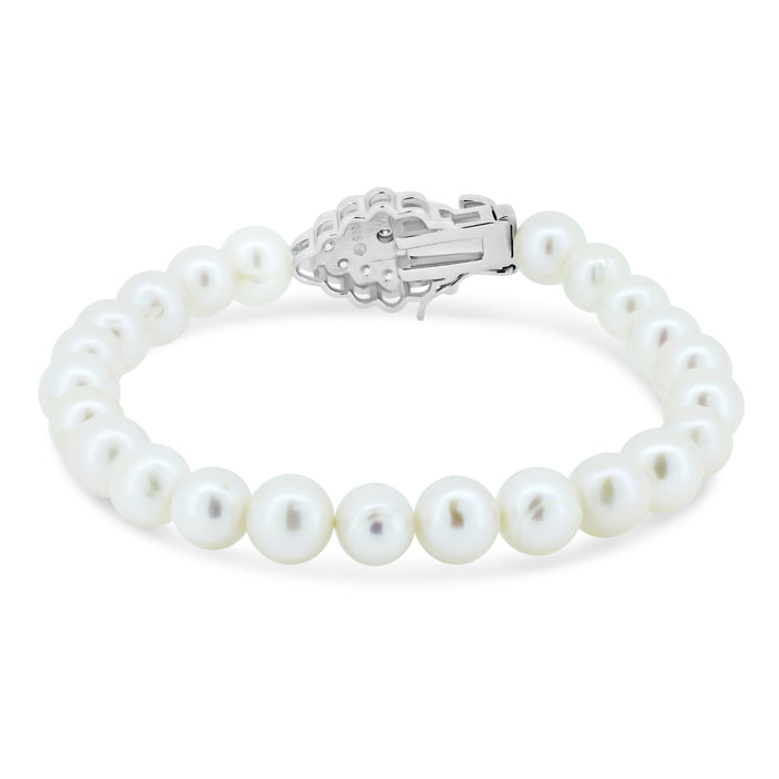 Silver 925 Rhodium Plated Flower CZ Fresh Water Pearl Bracelet - BGB00080