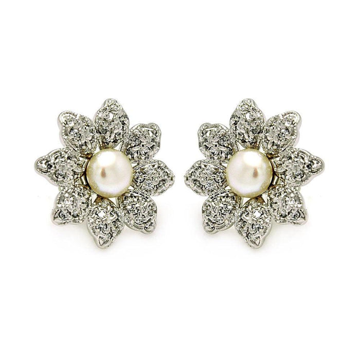 Silver 925 Rhodium Plated Flower CZ Inlay Center Pearl Stud Earrings - BGE00214 | Silver Palace Inc.