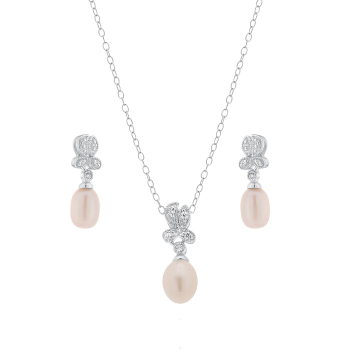 Silver 925 Rhodium Plated Fresh Water Pearl Flower Clear CZ Hanging Set - BGS00242 | Silver Palace Inc.