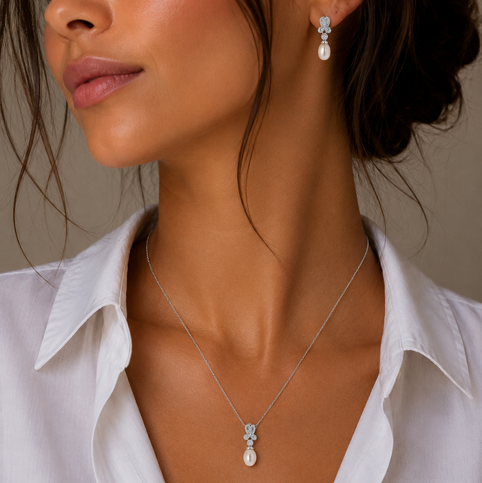 Silver 925 Rhodium Plated Fresh Water Pearl Flower Clear CZ Hanging Set - BGS00242 | Silver Palace Inc.
