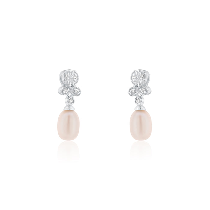 Silver 925 Rhodium Plated Fresh Water Pearl Flower Clear CZ Hanging Set - BGS00242 | Silver Palace Inc.