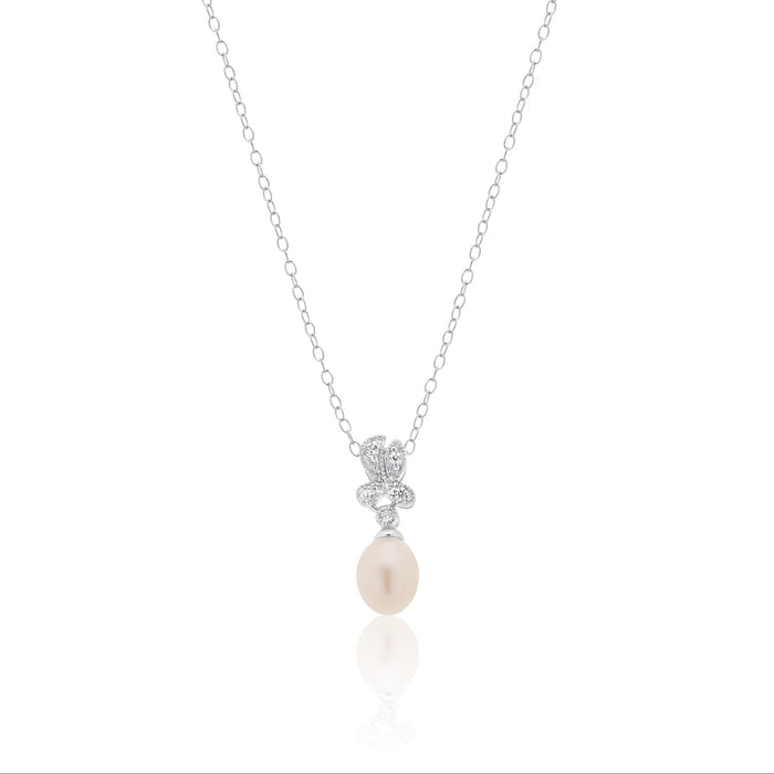 Silver 925 Rhodium Plated Fresh Water Pearl Flower Clear CZ Hanging Set - BGS00242 | Silver Palace Inc.