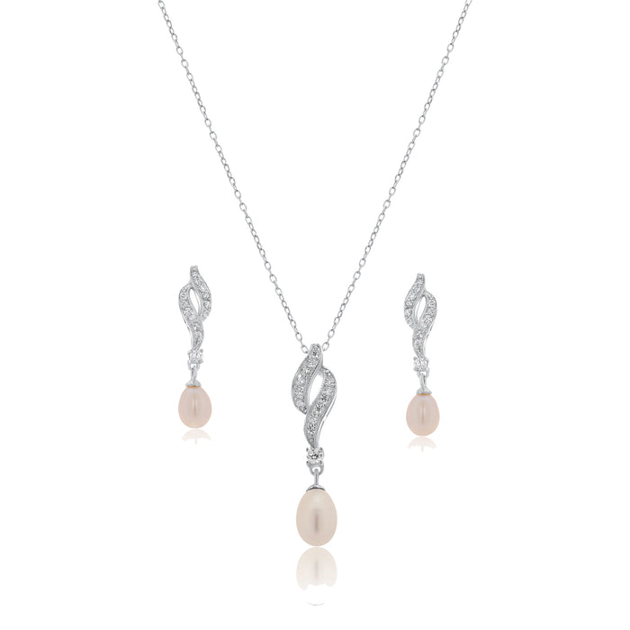 Silver 925 Rhodium Plated Fresh Water Pearl Twist Clear CZ Hanging Set - BGS00151
