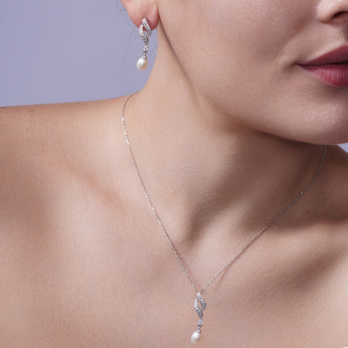 Silver 925 Rhodium Plated Fresh Water Pearl Twist Clear CZ Hanging Set - BGS00151