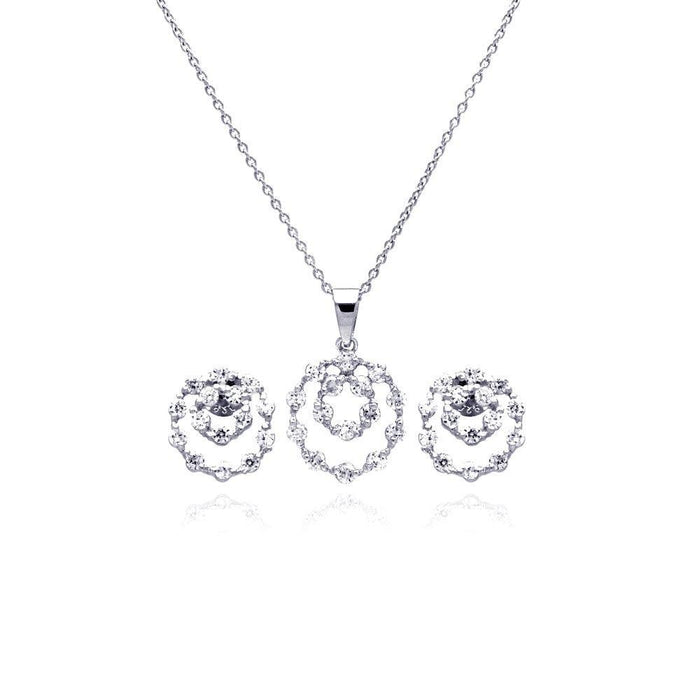 Silver 925 Rhodium Plated Graduated Open Circle CZ Stud Earring and Necklace Set - STS00166 | Silver Palace Inc.