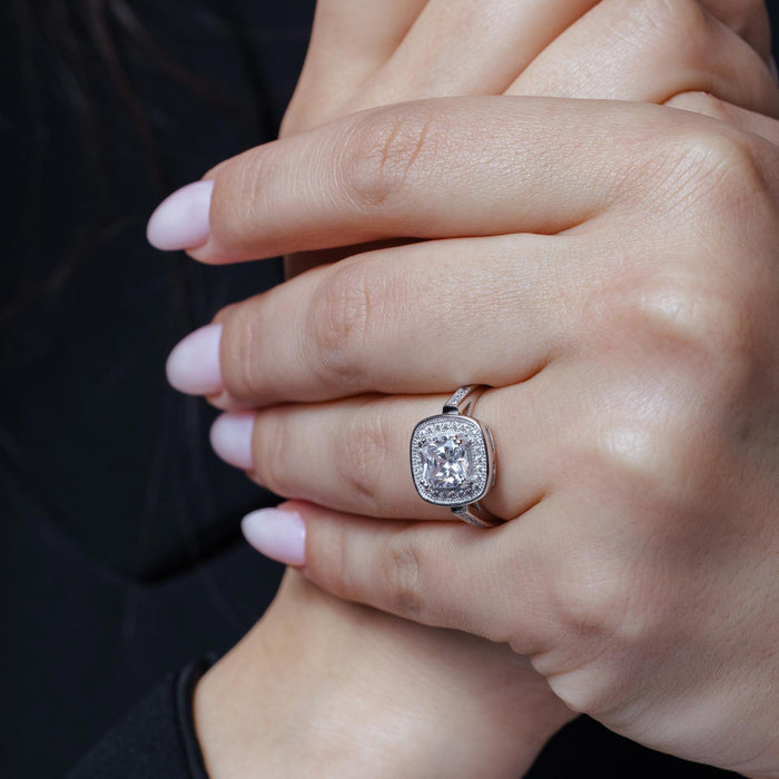 Silver 925 Rhodium Plated Micro Pave Clear Cluster Square CZ Ring - ACR00036