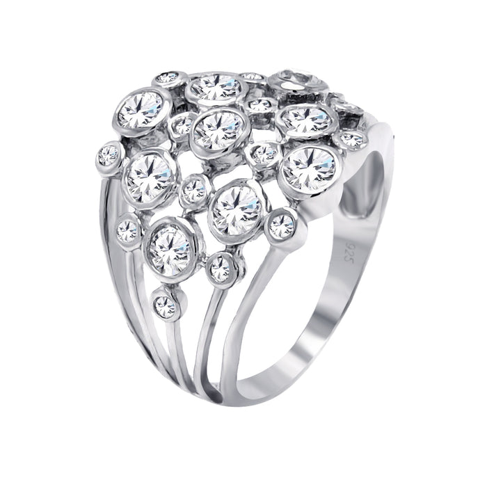 Silver 925 Rhodium Plated Multi Shaped Clear CZ Cigar Band Ring - BGR00383