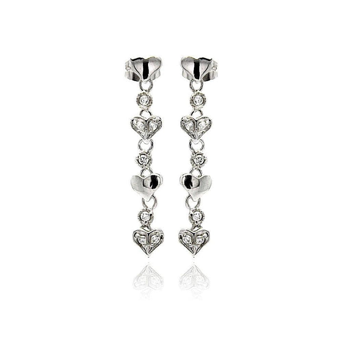 Silver 925 Rhodium Plated Multiple Heart Round CZ Dangling Stud Earrings - BGE00247 | Silver Palace Inc.