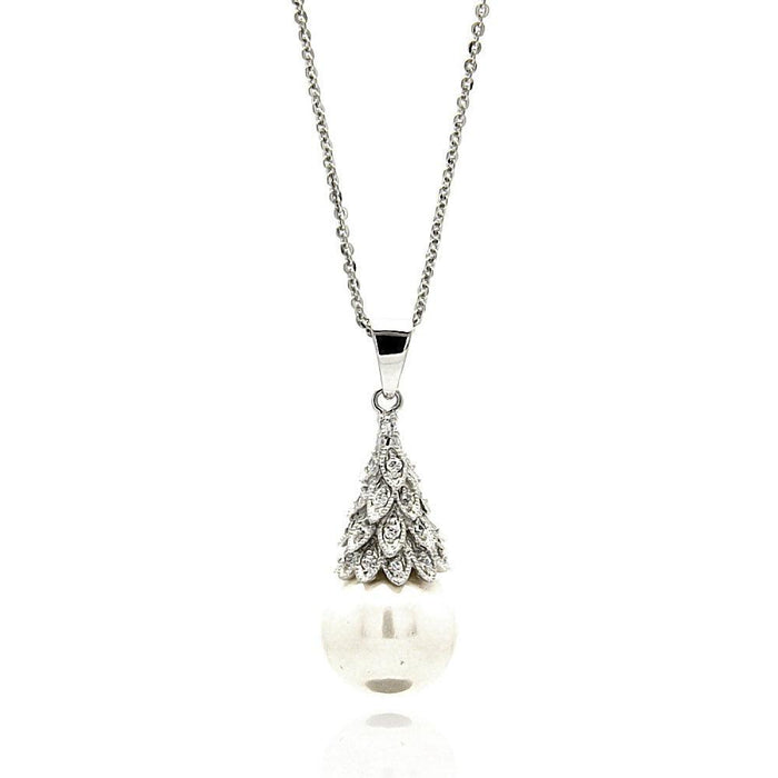 Silver 925 Rhodium Plated Multiple Tiny Leafs CZ Hanging Pearl Necklace - BGP00601 | Silver Palace Inc.