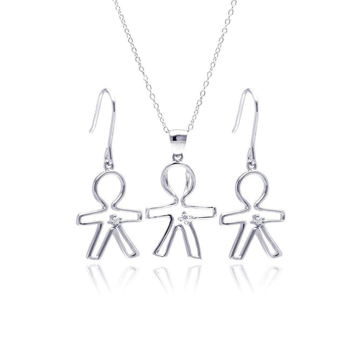 Silver 925 Rhodium Plated Open Boy CZ Dangling Hook Earring and Necklace Set - STS00361 | Silver Palace Inc.