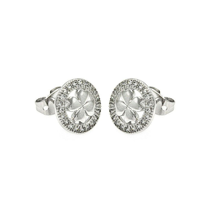 Silver 925 Rhodium Plated Open Circle Clover CZ Stud Earrings - BGE00252 | Silver Palace Inc.