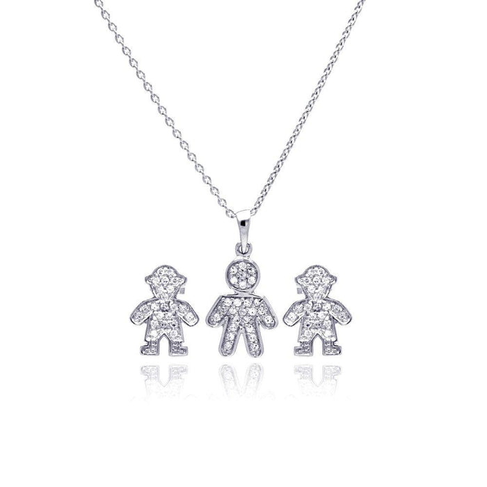 Silver 925 Rhodium Plated Open Filigree CZ Boy Stud Earring and Necklace Set - STS00363 | Silver Palace Inc.