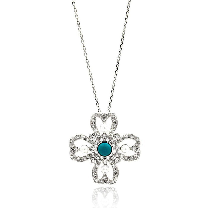 Silver 925 Rhodium Plated Open Flower Center Blue CZ Necklace - BGP00628 | Silver Palace Inc.
