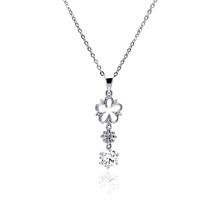 Silver 925 Rhodium Plated Open Flower CZ Hanging Necklace - BGP00476 | Silver Palace Inc.