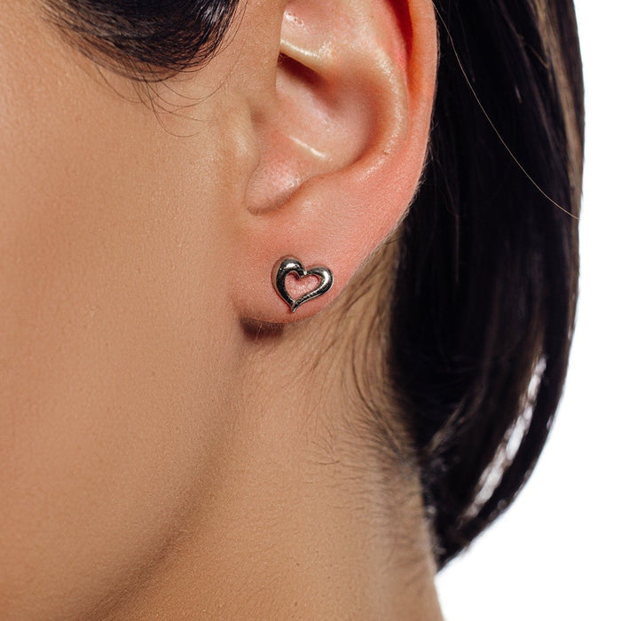 Silver 925 Rhodium Plated Open Heart Stud Earrings - STE00779