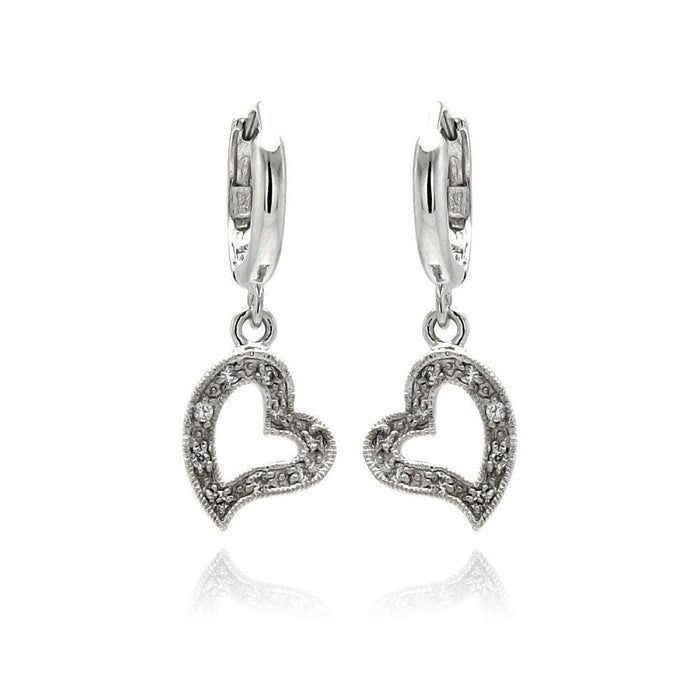 Silver 925 Rhodium Plated Open Heart Clear CZ Dangling huggie hoop Earrings - BGE00064 | Silver Palace Inc.