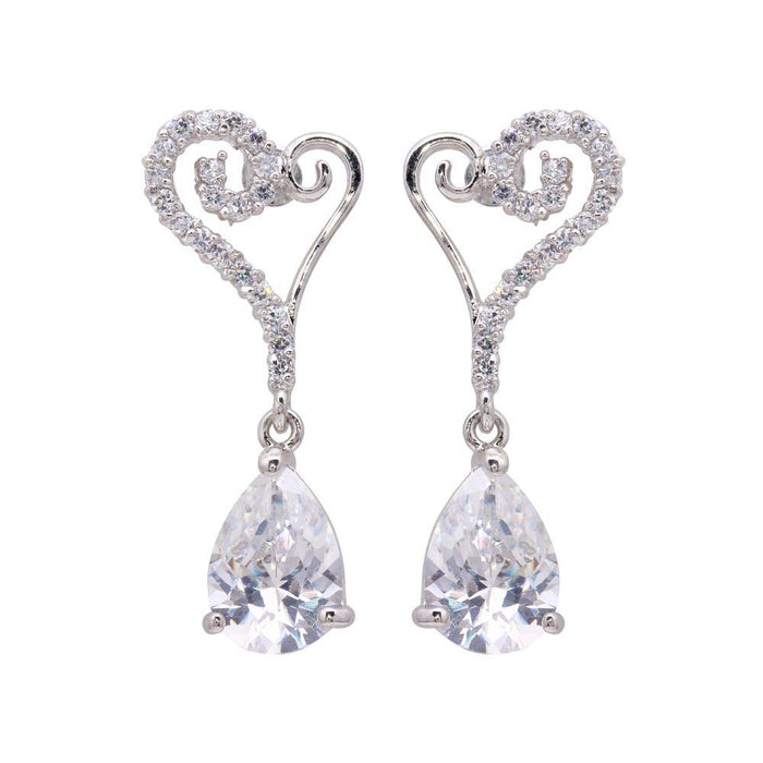 Silver 925 Rhodium Plated Open Heart CZ Dangling Stud Earrings - BGE00104 | Silver Palace Inc.
