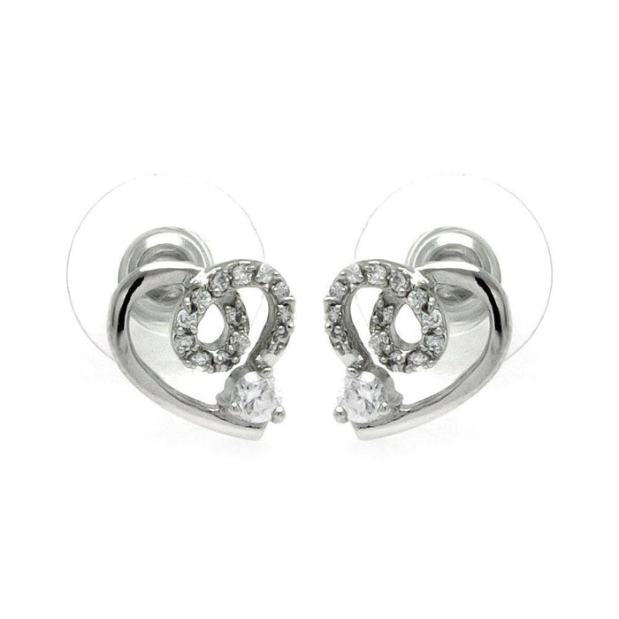 Silver 925 Rhodium Plated Open Heart CZ Outline Stud Earrings - BGE00228 | Silver Palace Inc.